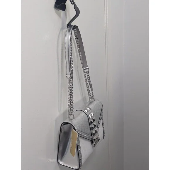 Michael Kors Studded Whitney Bag - Silver, White, Leather, Chain Strap, NWT - Picture 12 of 14